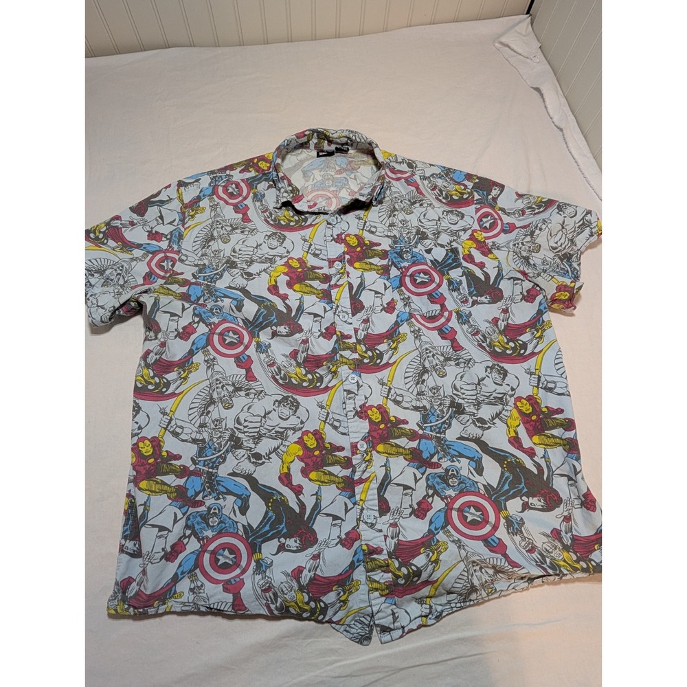 Marvel Avengers Comic Print Button Down Shirt Mens XL Light Blue Iron Man Thor